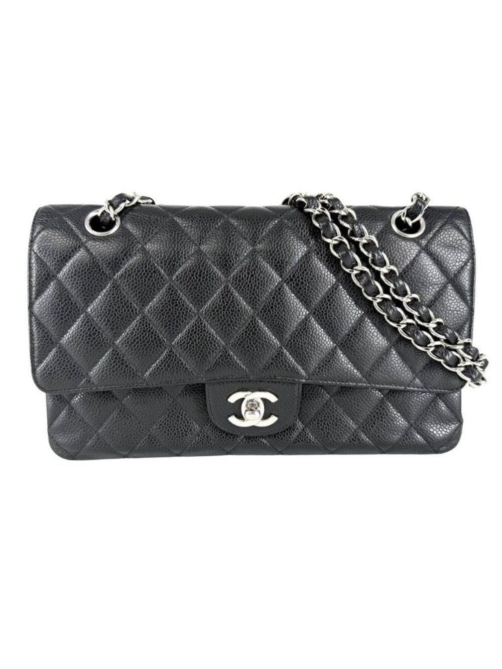 Chanel Shoulder Bag Quilted 25 Double Chain CC Logo Flap Crossbody Caviar